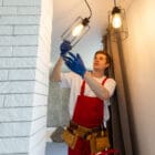 An electrician is installing LED spotlights on the ceiling
